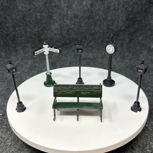 Vintage Mini Metal Christmas Village Accessories 6Pc Bench Lamp Post Street Sign - Picture 15 of 15
